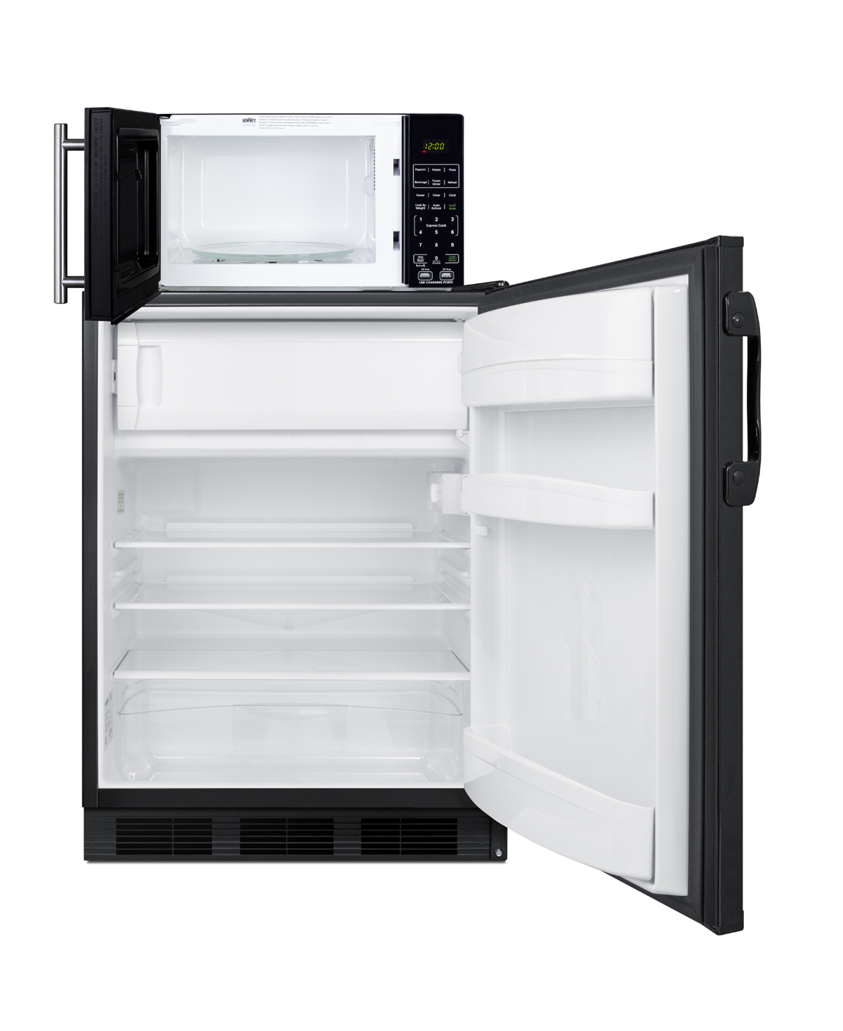 Counter height refrigerator-freezer and compact microwave in black with allocator and USB ports for 1-plug operation; ships in three boxes on one pallet